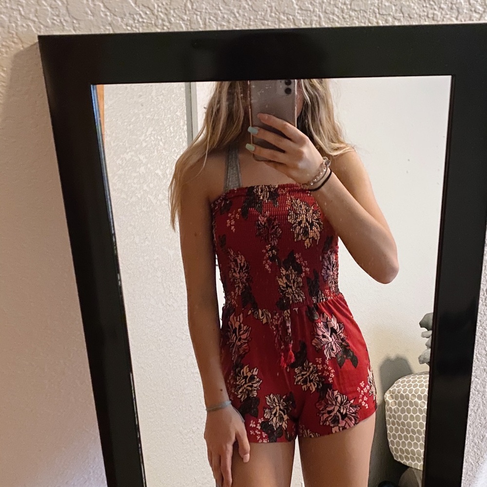 Red strapless romper